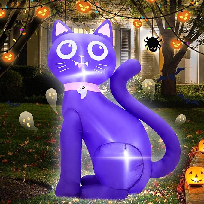 3.5FT Inflatable Decor Purple Cat Halloween Decoration with LED Lights Indoor Outdoor Halloween Horror Blow Up Decor Party Holiday Decoration