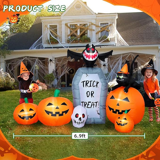 7FT Long Halloween Inflatable Pumpkin Patch with Tombstone & Black Cat & Bat, Blow up Halloween Inflatable with Build-in LED Lights Outdoor Decorations Large Party Yard Decoration