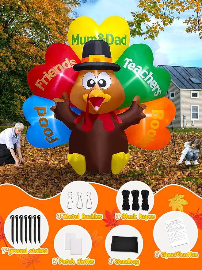 Kalolary 8FT Thanksgiving Inflatables Decorations,Giant Turkey Inflatables with Pilgrim Hat &Colorful Tail Fall Blow Up Yard Decorations with Build-in Lights for Garden Lawn Outdoor Thanksgiving Decor