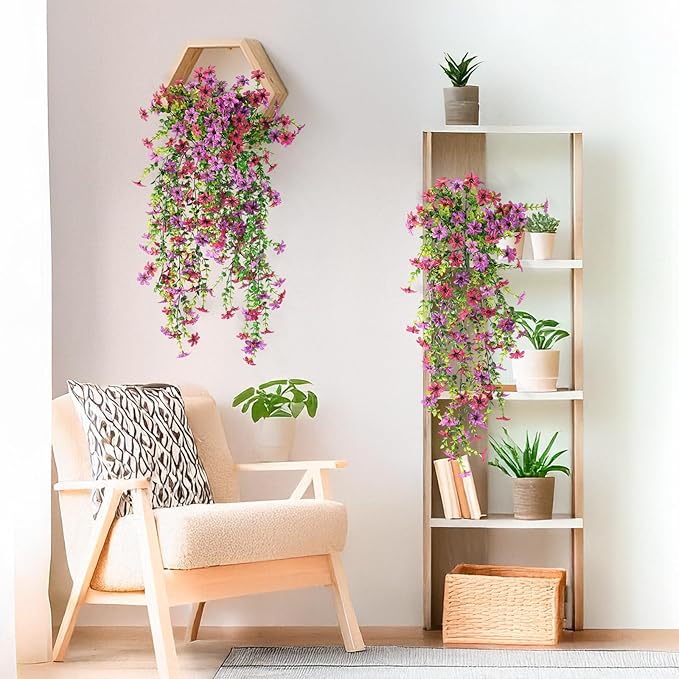 Artificial Fake Hanging Flowers Plants for Outdoor Summer Decoration,2 PCS Faux Silk Daisy with Eucalyptus Leaves,UV Resistant Look Real for Outside Home Indoor Planter Porch Patio Balcony Yard Decor
