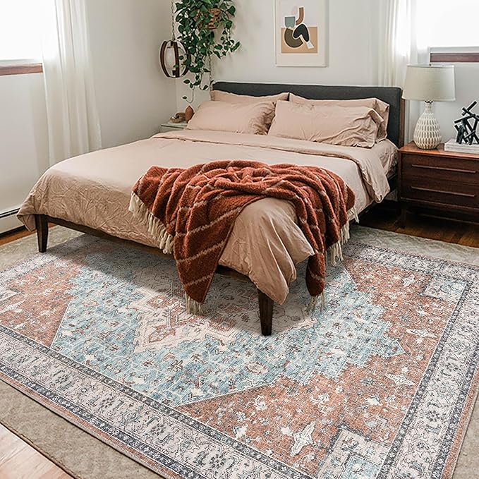 Living Room Area Rugs 8x10 Machine Washable Mid Century Modern Boho Extra Large Indoor 70s Vintage Eclectic Colorful Bohemian Rug for Bedroom,Terracotta Rust Burnt Orange and Turquoise Blue