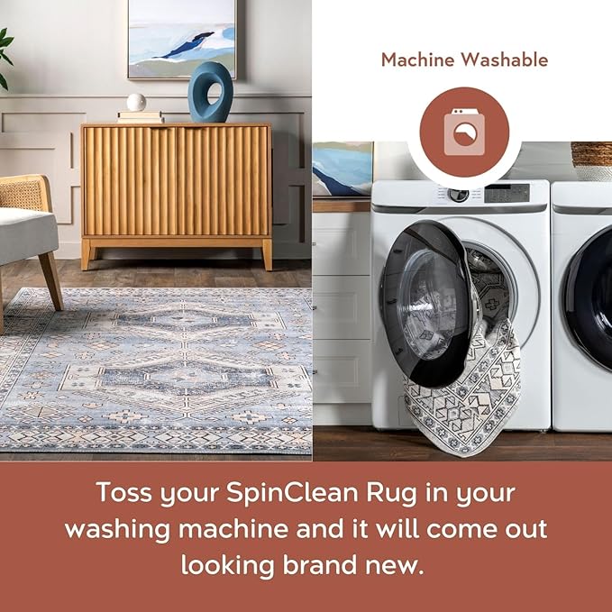 nuLOOM 5' x 8' SpinClean Machine Washable Stain-Resistant Area Rug with Non Slip Backing, Low Profile for Living Room, Bedroom, and Dining Room, Mae Light Blue