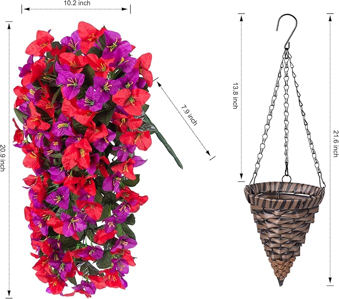 Artificial Bougainvillea Faux Flowers Plants Baskets for Outdoor Outside Decoration, 3PCS Fake Silk Flowers Long Trailing Vines UV Resistant Realistic for Front Door Porch Patio Balcony, PurpleRed