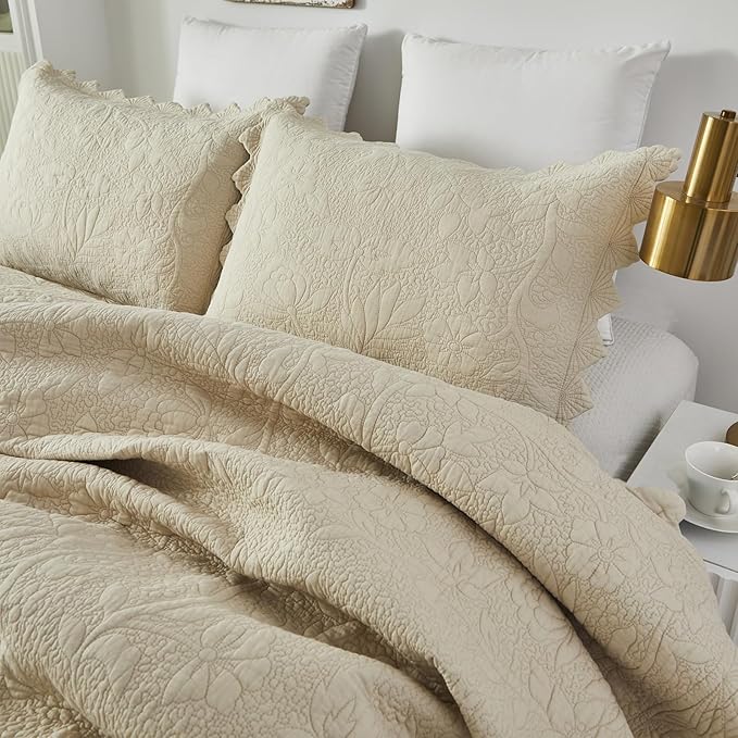 Brandream Queen Size Quilt Set Cotton Beige Quilts Luxury Farmhouse Bedding Set Matelasse Coverlet Scalloped Quilt Set 3-Piece