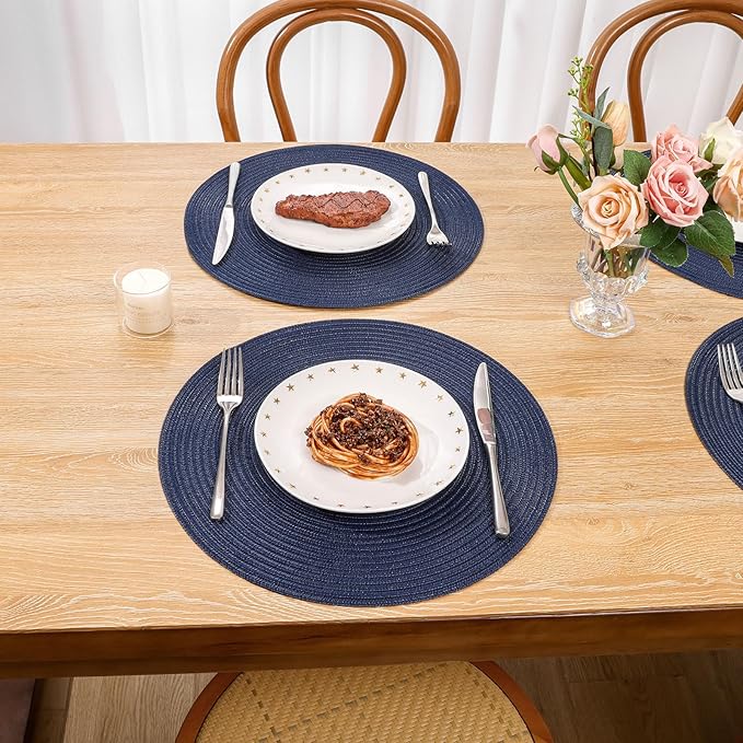 SHACOS Round Placemats Set of 4 Washable 15 inch Round Table Mats Cotton Polyester Woven Braided Place Mats for Dining Table, Navy