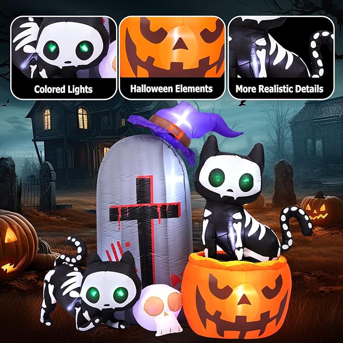 Max Fun 6FT Halloween Inflatables Skeleton Cat Pumpkin with LED Build-in Yard Decoration Blow Up Inflatables for Outdoor Indoor Garden Lawn