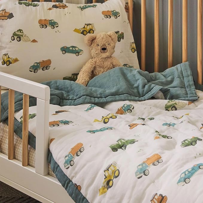 Little Unicorn Toddler Bedding 3-Piece Set | Super Soft & Breathable Muslin Fabric | for Convertible Cribs & Toddler Beds (Work Trucks)