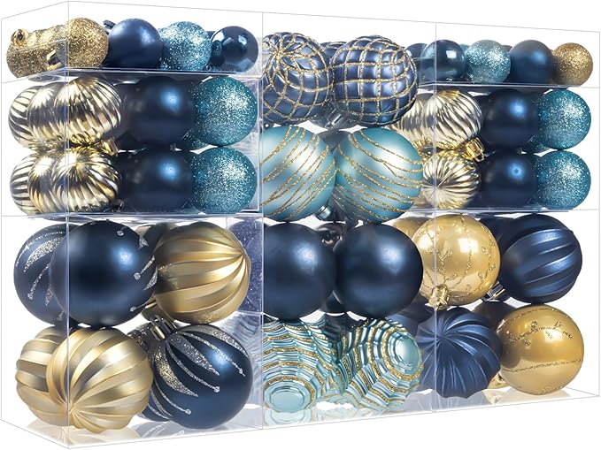 100Pcs Christmas Ball Ornaments Set, Assorted Shatterproof Christmas Ornament, Christmas Tree Theme Hanging Decoration for Xmas Tree Holiday/Party/Home Decor (Blue & Gold)