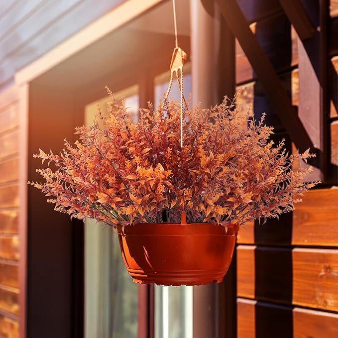 RECUTMS Fake Fall Plants for Outside Faux Lavender Flowers Fake Greenery Artificial Fall Flowers Outdoors UV Resistant Faux Autumn Plant Artificial Bushes for Bookshelf Balcony Bedroom Decor (Brown)