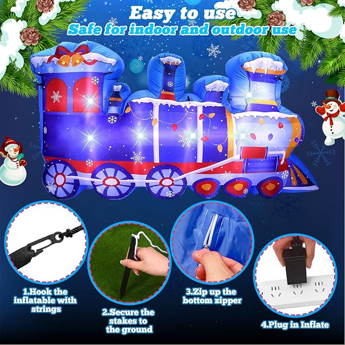 VIHOSE 8 ft Length Christmas Polar Train Inflatable Outdoor Decoration Christmas Blow Up Polar Train Winter Birthday Photo Props Built-in LED Light for Xmas Birthday Party Holiday