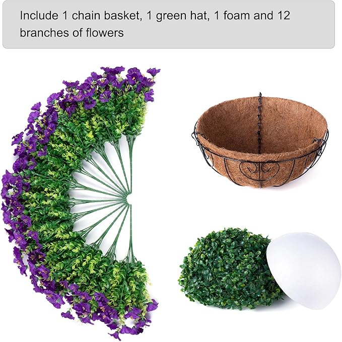 Artificial Fake Hanging Plants Flowers Basket for Outdoors Spring Summer Decoration, Silk Purple Morning Glory Eucalyptus UV Sun Resistant Realistic Faux Flowers for Outside Porch Patio Balcony Home