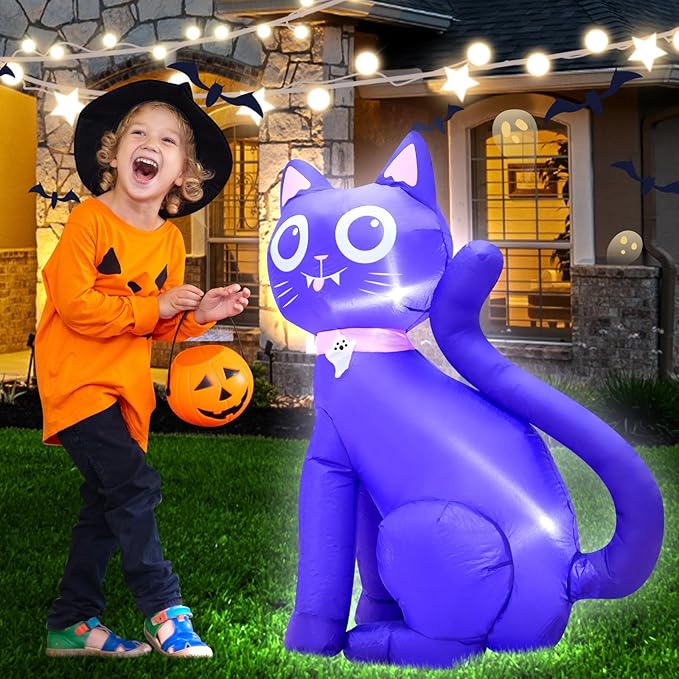 3.5FT Inflatable Decor Purple Cat Halloween Decoration with LED Lights Indoor Outdoor Halloween Horror Blow Up Decor Party Holiday Decoration