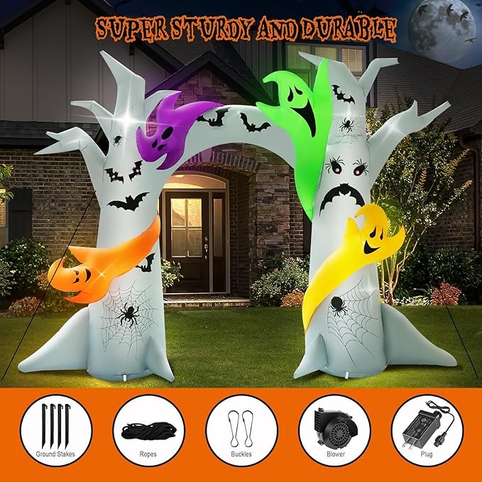 14FT Length X 10FT Tall Halloween Archway Inflatable Tree with 4 Colorful Ghosts, Blow Up Tree Inflatables Arch Built-in 15 Led Lights for Halloween Inflatable Outdoor Decorations