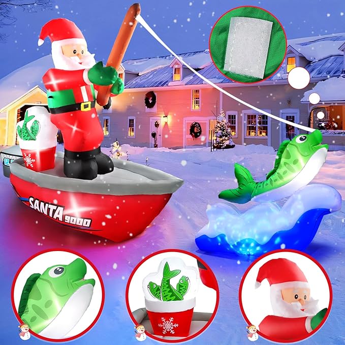 Kalolary 15FT Long Christmas Inflatables Fishing Santa Claus, Santa Inflatables Blow Up Yard Outdoor Decorations with Built-in Rotating Blue LED Lights for Xmas Party Yard Garden Lawn Indoor Decors