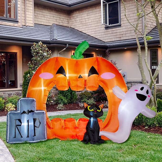 7FT Halloween Inflatable Pumpkin Photo Frame with Tombstone Black Cat White Ghost,Built-in LEDs for Halloween Blow Up Indoor Decor, Cute Fun Holiday/Party/Yard/Garden Fantasy Party Display