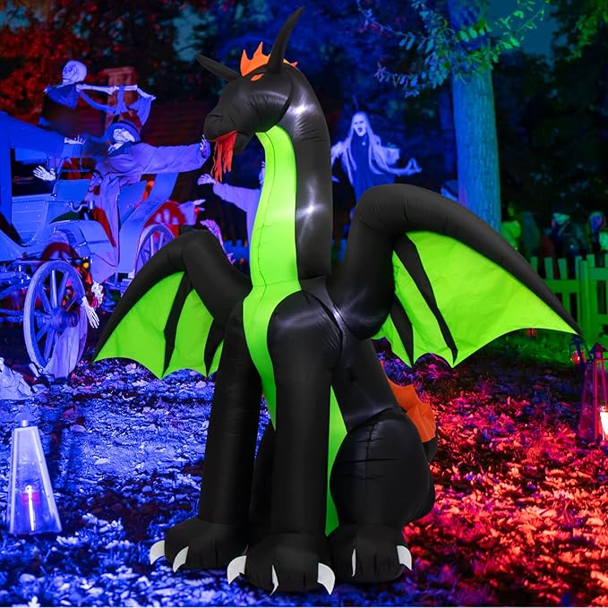 Halloween Inflatables 9FT Giant Inflatable Dragon Halloween Decorations with Wings, Built-in LEDs Halloween Blow Up Yard Decorations for Outdoor Indoor Party Garden Lawn Decor