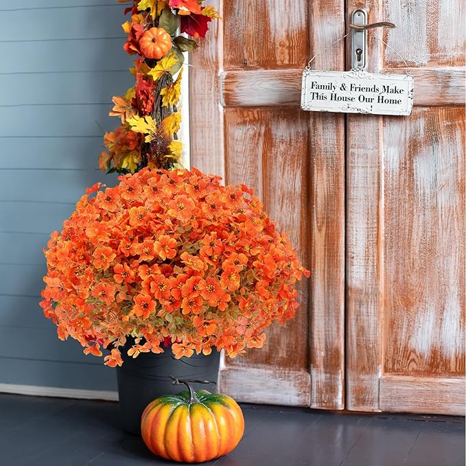 Fall Flowers Artificial for Decoration, Artificial Fall Mums Flowers for Outdoors, Fake Flowers Daisy Eucalyptus Realistic UV Resistant for Garden Patio Porch Home Decor (24, Orange-Green Leaves)