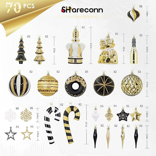 SHareconn 70pcs 2025 Classic Christmas Balls Ornaments Set, Shatterproof Plastic Baubles for Xmas Tree Holiday Wedding Party Decorations with Hanging Strings, Black, White and Gold