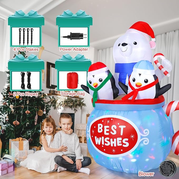 Dawdix Christmas Inflatables Decorations with Colorful Light, 6FT Inflatable Polar Bear & Penguins in Hot Cocoa Mug, Blow Up Outdoor Decorations for Xmas Holiday Yard Garden Lawn Party