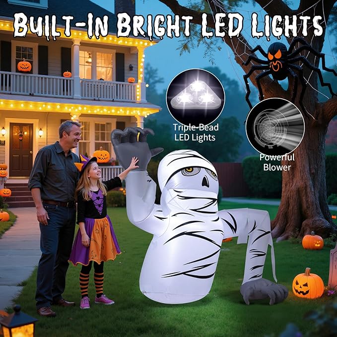 Dawdix 5.2FT Halloween Inflatable Mummy Outdoor Decorations Blow Up Yard Mummy Rising from Ground Decoration with Built-in LEDs for Halloween Party Indoor Outdoor Yard Garden Lawn Decor