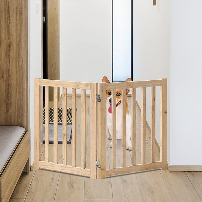 LZRS 2-Panel Wooden Free Standing Foldable Dog Gate – Solid Hardwood 24" High, Step-Over Safety Pet Gate for Doorways, Stairs & Small Spaces - Indoor Use, Natural