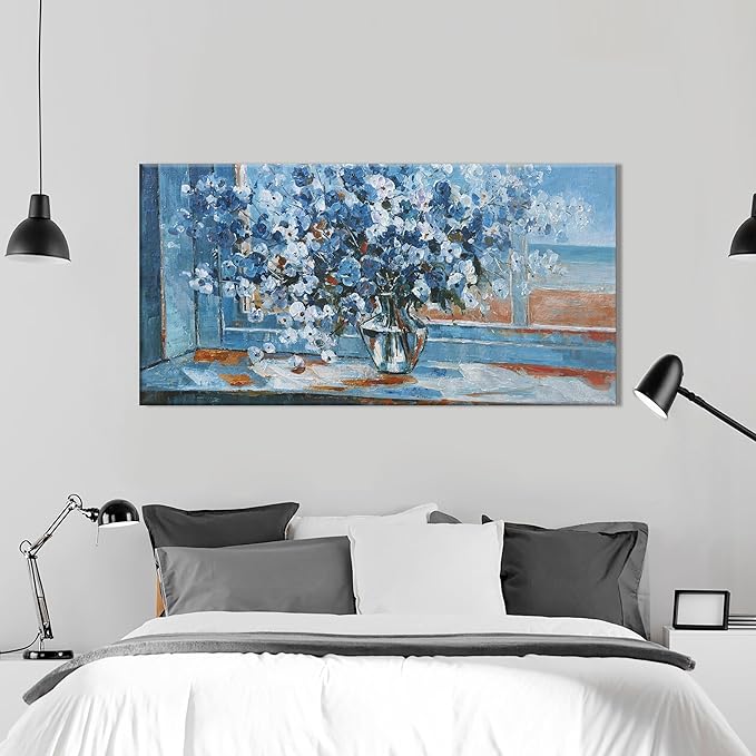 Wall Art Canvas Artwork Blue Flowers Pictures Wall Decor Canvas Prints Suitable For Living Room, Office, Bedroom, Kitchen, Can Be Hung Directly 20x40 Inch
