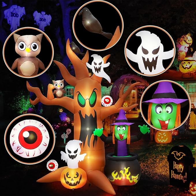 8FT Halloween Inflatables Tree Outdoor Decor with Inflatable Ghost Witch Pumpkins Blow Up Yard Decorations with LED Lights Owl Eyeballs Outside Lawn Party Decor