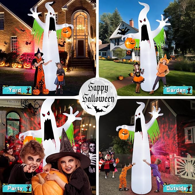 B&D 13FT Halloween Inflatables Outdoor Decorations, Giant White Ghost Inflatable Halloween Decorations Built-in Red LED Flame Light Halloween Blow up Inflatable Ghost for Party Yard Garden Lawn Decor