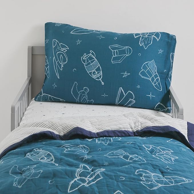 Little Unicorn Toddler Bedding 3-Piece Set | Super Soft & Breathable Muslin Fabric | for Convertible Cribs & Toddler Beds (Blast Off)