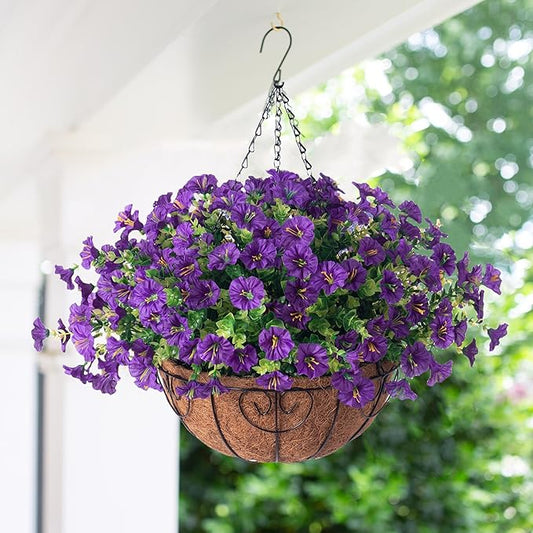 Artificial Fake Hanging Plants Flowers Basket for Outdoors Spring Summer Decoration, Silk Purple Morning Glory Eucalyptus UV Sun Resistant Realistic Faux Flowers for Outside Porch Patio Balcony Home