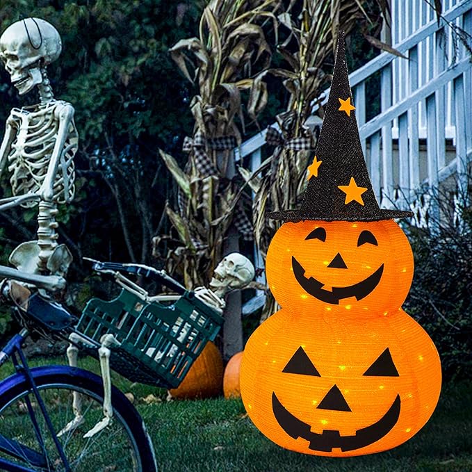 NEROSUN Halloween Decorations, 3 FT Pop Up Collapsible Pumpkin, Pre-Lit 50 LED Lighted Pupmkin Man with Star Hat, Jack o' Lantern with Metal Stand for Outdoor Indoor Garden Yard Home Party Decor