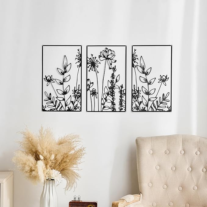 FUNTEREST 3 Pieces Black Metal Wall Art Decor Modern Minimalist Floral Single Line Living Room Wall Decor Abstract Wall Hanging Decor for Kitchen Office Bedroom Bathroom (Floral B)