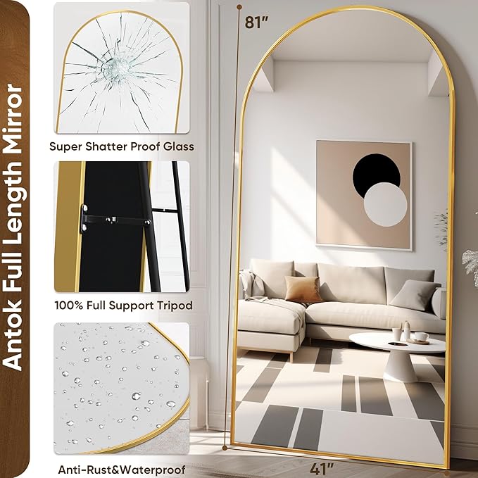 Arched Floor Mirror, 81"x41" - Full Body Mirror with Stand for Bedroom or Living Room, Gold