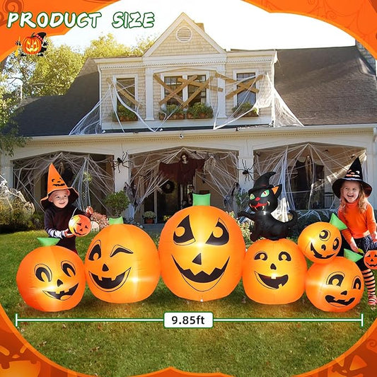 10FT Long Halloween Inflatable Pumpkin Patch with Black Witch's Cat, Giant Pumpkin Patch with Build-in LED Lights, Blow up Inflatable Decoration for Outdoor Large Party Yard Decoration