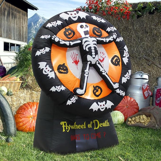5FT Halloween Day of The Dead Skull Ghost Death Flywheel Inflatable Outdoor Decoration with Built-in LED for Indoor Party Garden Lawn Decoration
