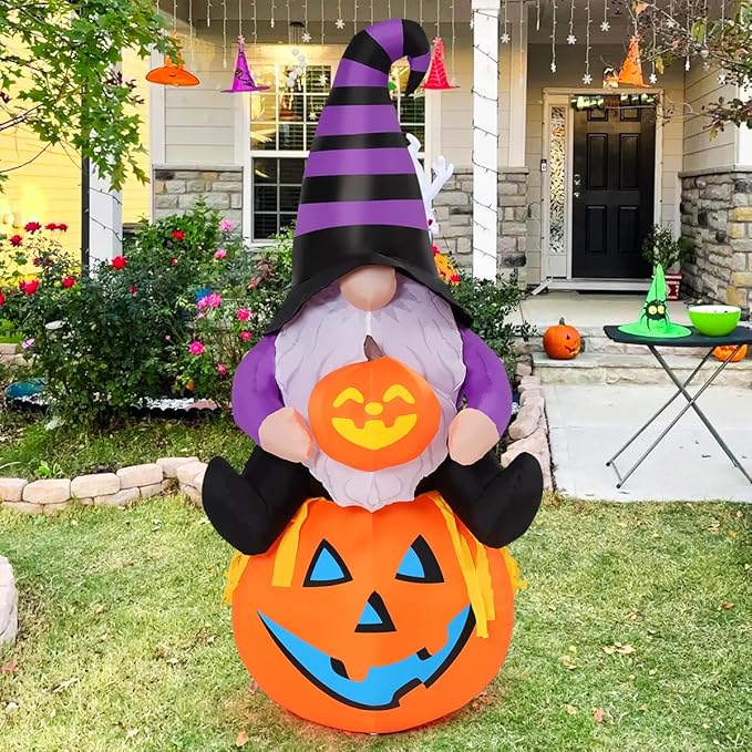 GOOSH 5 FT Halloween Gnome Inflatable with Pumpkin Outdoor Decorations Gnome Blow Up Yard Built-in LEDs for Garden Lawn Indoor Party Decor