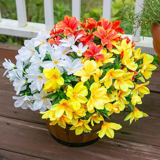 Artificial Fall Flowers for Outdoors, 3 Bundles Fake Azalea Bouquet Faux Flower Plants Outside Decor UV Resistant Realistic Silk Flowers for Planter Porch Front Door Patio Garden Walkways Home, Mix