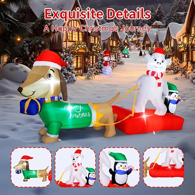 8FT Long Christmas Inflatable Dog Sled with Polar Bear & Penguin, LEDs Lighted Blow Up Outdoor Decoration for Xmas, Weiner Dog Sleigh Décor for Indoor Garden Yard Lawn Party Patio