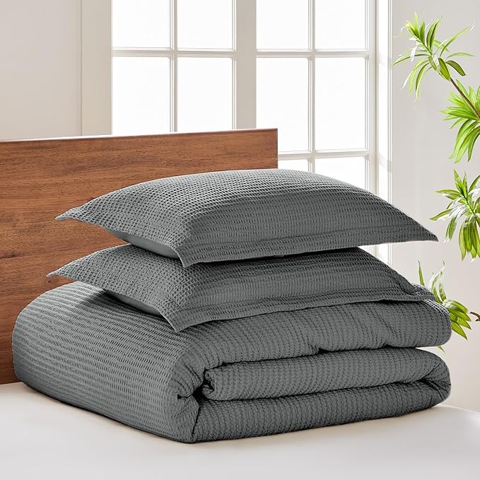 Levtex Home - Cloud Waffle Comforter Set - King Comforter + Two King Pillow Cases - Waffle Weave - Charcoal - Comforter (106 x 94in.) and Pillow Case (36 x 20in.) - Cotton