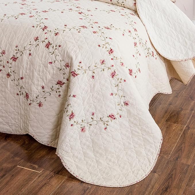 mixinni Floral Embroidered Quilt Set - 3 Pieces Reversible Quilt Bedding Set, 100% Cotton Quilt King Size Set Elegant Embroidery Bedspread Coverlet Set with 2 Pillow Shams for All Seasons (106"x96")