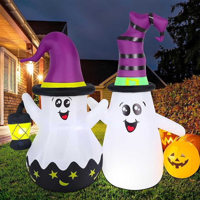 Halloween Inflatables Outdoor Decorations, Blow Ups 2-Pack Cute Ghosts with Build-in LED Lights, Funny Yard Garden Decoration for Halloween Party Indoor Outdoor