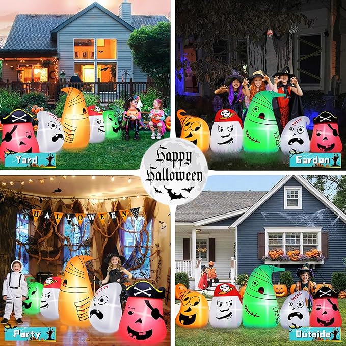 B&D 8FT Long Halloween Inflatables Ghost Outdoor Decorations, 5 Pirate Ghosts Inflatable Halloween Decorations with Color Changing RGB Lights Halloween Blow Ups for Party, Garden, Yard, Lawn Decor