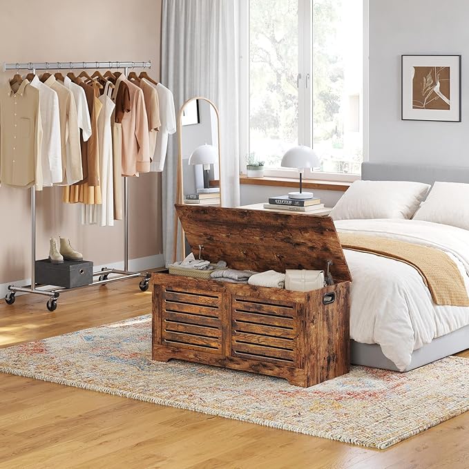 DINZI LVJ Storage Chest, 43.3” Wooden Toy Box with 2 Safety Hinges, Retro Entryway Shoe Storage Bench with Flip-Top, Sturdy Large Storage Trunk for Living Room, Bedroom, Easy Assembly, Rustic Brown