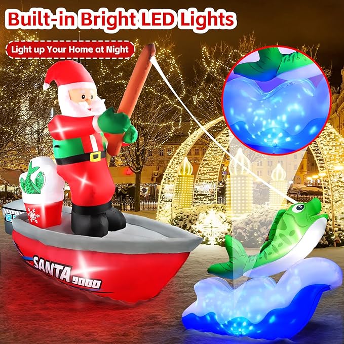 Kalolary 15FT Long Christmas Inflatables Fishing Santa Claus, Santa Inflatables Blow Up Yard Outdoor Decorations with Built-in Rotating Blue LED Lights for Xmas Party Yard Garden Lawn Indoor Decors