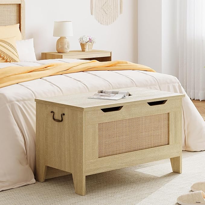 IDEALHOUSE Storage Chest, Rattan Toy Chest, 30" Wooden Storage Bench with Safety Hinge, Blanket Chest, Entryway Bench, Supports 350 lb, Storage Trunk for Living Room, Bedroom, Playroom, Natural Oak