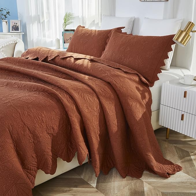 Brandream Queen Size Quilt Set Cotton Quilts Pumpkin Orange Farmhouse Bedding Set Matelasse Coverlet Set Scalloped Edge Quilts 3-Piece