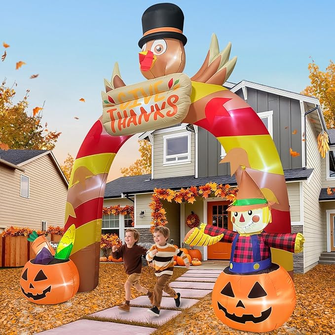 12FT Thanksgiving Inflatable Archway with LED Light, Kalolary Giant Turkey Arch Inflatables Happy Thanksgiving Day Blow up Outdoor Decoartion Autumn Harvest Yard Inflatable for Lawn Holiday Home
