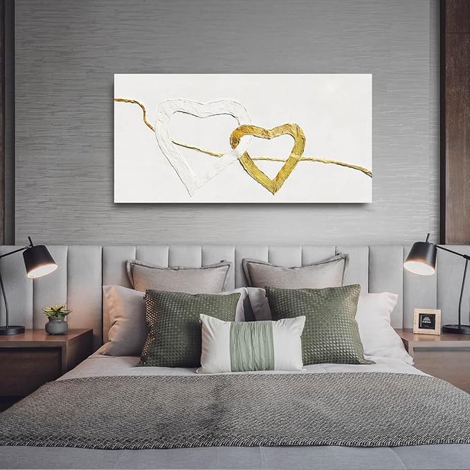 GAIDUOMAI Abstract Wall Canvas Art Love Heart Modern Artwork Textured Room Decor Gold Line Prints for Office Home Hotel 24"x48" Ready to Hang