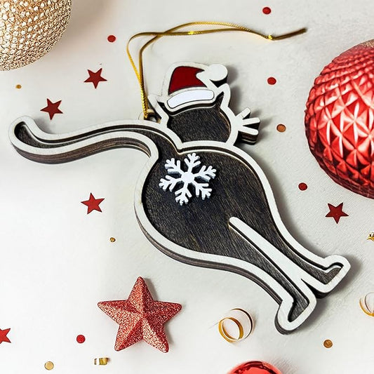 Black Cat Butt Christmas Ornament - Funny Cat Lover Holiday Decor - Wooden Kitten Tree Hanging Ornament with Snowflake Design - 2024 Xmas Ornament