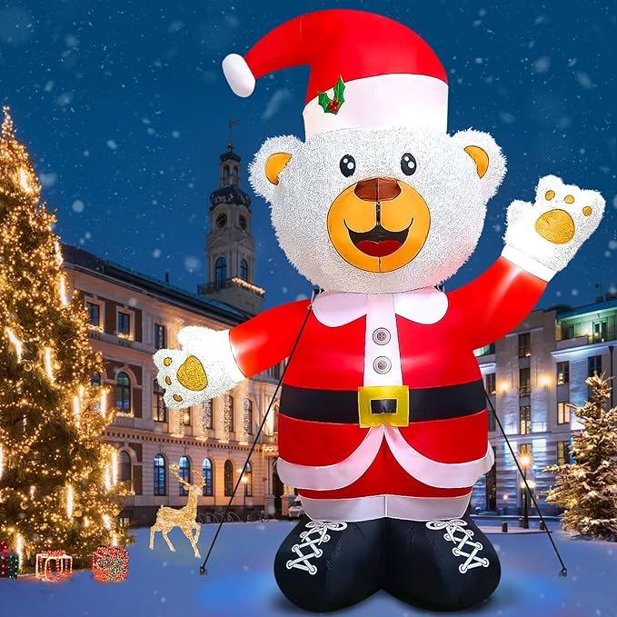 Kalolary 8FT Christmas Inflatable Fluffy Bear with LED Light, White & Red, Plush Fabric, Wind Resistant, Christmas Fluffy Bear Decoration